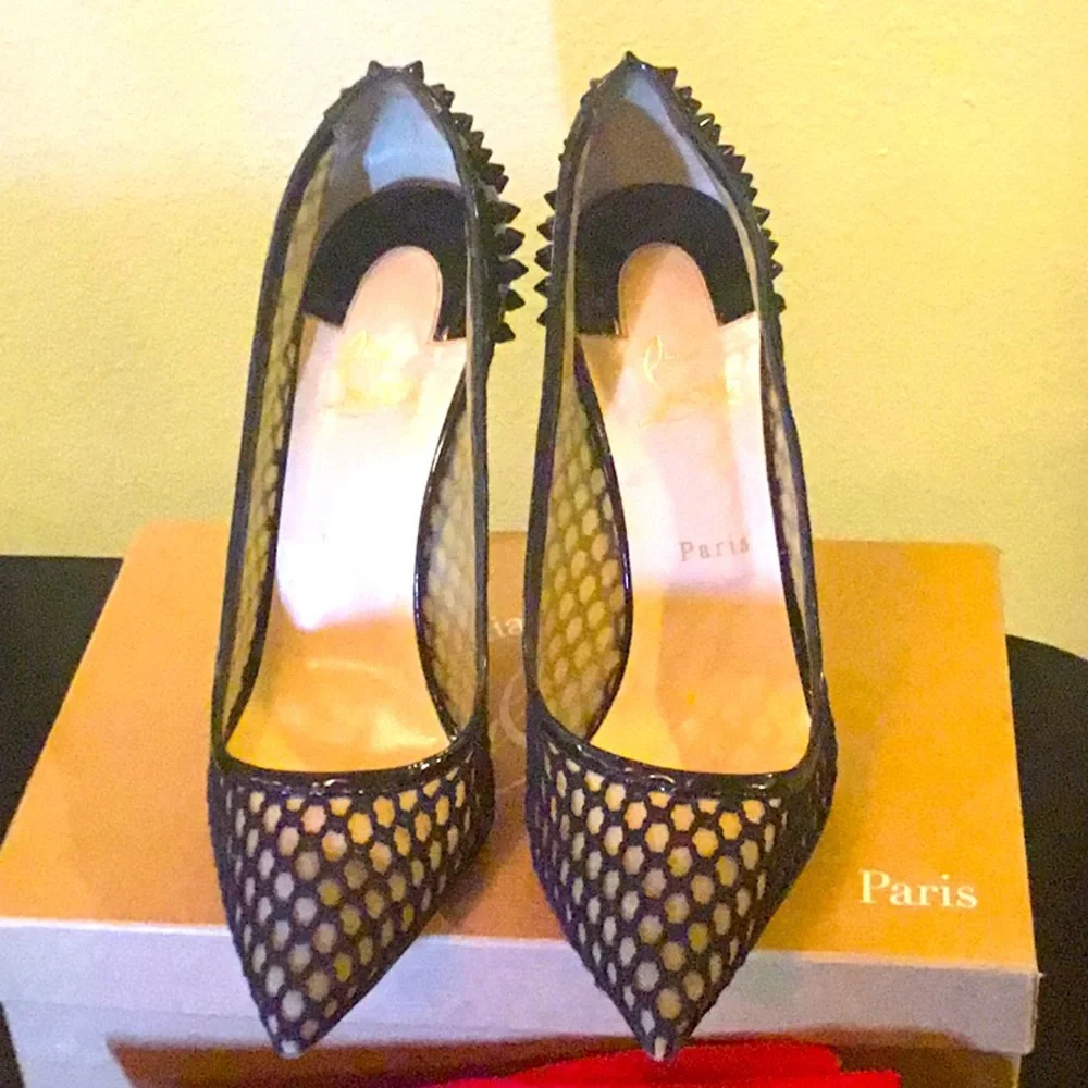 Christian Louboutin , spiked back, black Mesh,Patient Leather, webs (42)”12 🌹🌹 - Picture 2 of 7